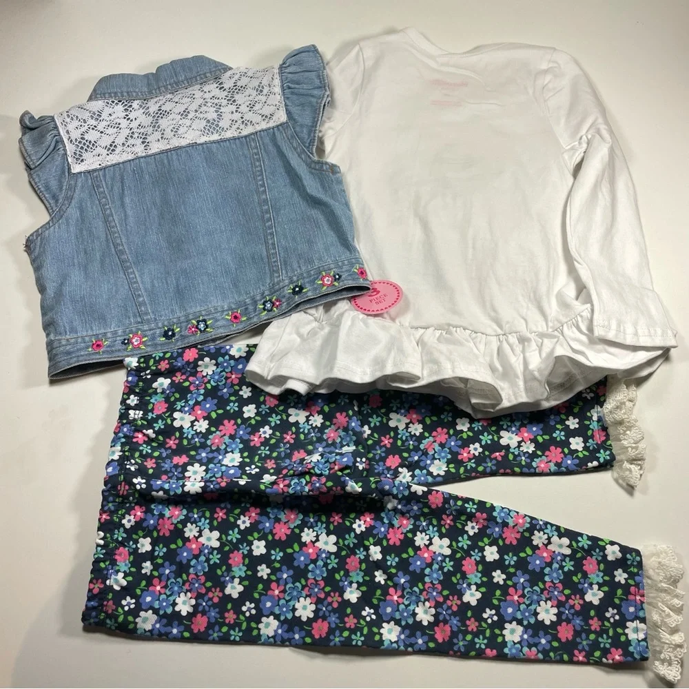 NWT Nannette 3pc Long Tee, Screen Print LS Top And Denim Vest Size 3T - Picture 8 of 9